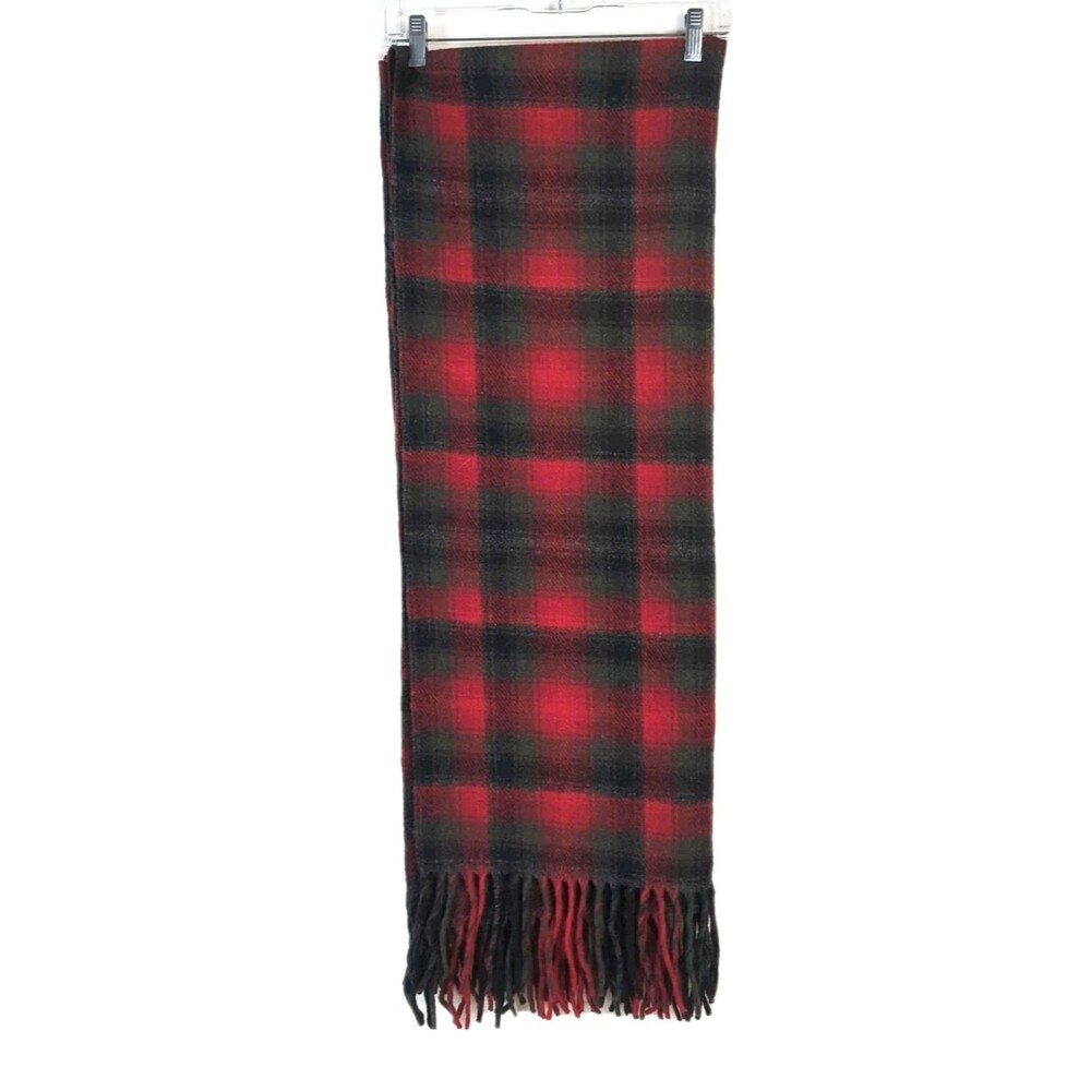 Pendleton Virgin Wool Fringed Throw Blanket Vintage Red Gray Plaid 70 x 54 USA